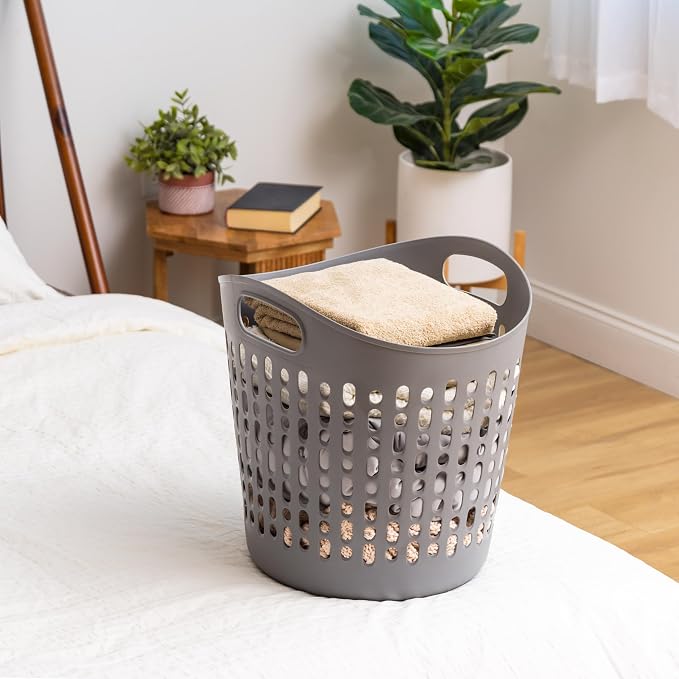 IRIS USA Plastic Laundry Hamper, 40L- 3 PK, Flexible, Ventilation, Gray | Laundry Baskets for Bedroom Bathroom Apartment Dorm, Blankets Pillows Trinkets Storage