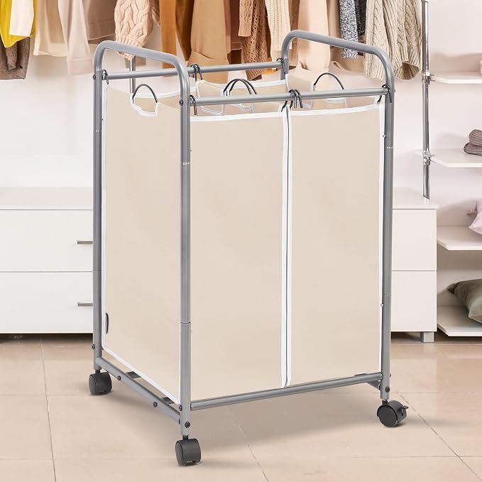 STORAGE MANIAC Laundry Sorter 2 Section, 90 L Gal Laundry Hamper with Wheels, Clothes Basket Separator Sorter, 2 Bag Cart and Removable Bags for Closet, Dorm, Collage, Beige