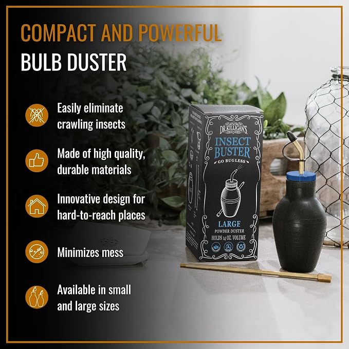 Dr. Killigan's The Insect Buster - Bulb Duster, Sprayer, Applicator, Dispenser for Diatomaceous Earth and Other Powders - a Non-Toxic, Natural and Safe Tool - Large (14oz)
