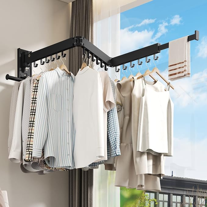 BOQORAD Drying Rack Clothing, Retractable Clothes Drying Rack,Wall Mounted Laundry Rack, Laundry Drying Rack Wall Mount,Collapsible Clothes Rack,can Fold Upward & Left & Right,Black Color