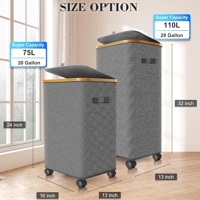 Laundry Hamper with Wheels, 75L Rolling Laundry Basket with Lid | Clothes Hampers for Laundry with Inner Bag, Dirty Clothes Hamper for Bedroom, Dorm, Bathroom, Laundry Room