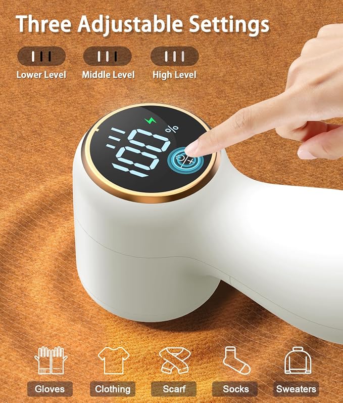 Rechargeable Fabric Shaver,Lint Remover, 3-Speed Sweater Shaver with LED Display, 2 Replaceable Stainless Steel 6-Blade Heads for Clothes, Sweaters, Furniture, Lint Balls and Fabric Pilling