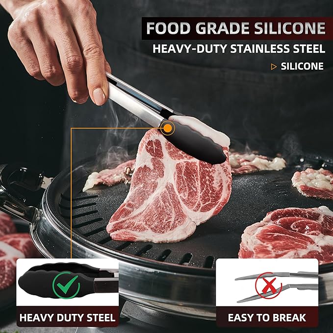 Pack of 3 Stainless Steel Kitchen Tongs with Silicone Tips – Non-Stick Cooking, Grilling & BBQ Tongs for Serving, Dishwasher Safe, 7", 9" & 12", Black