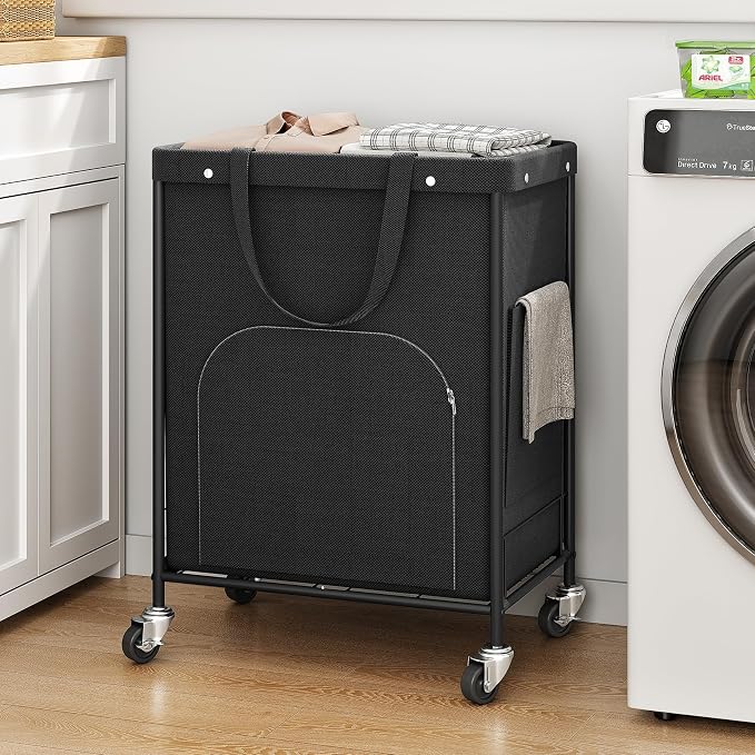 170L Large Laundry Basket with Wheels, Rolling Laundry Hamper Easy Access Clothing Minimizes Bending, Laundry Cart with 4 Silent Casters & Removable Bag for Bedroom, Bathroom, Laundry Room,Black