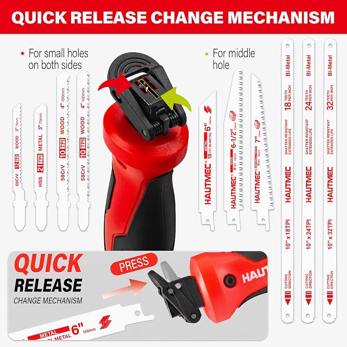 HAUTMEC 10-In-1 Multipurpose Hand Saw for Wood, Metal, Plastic & Drywall, Compact Hacksaw with Tool-Free Blade Change, Self-Locking Handle, Blade Storage Box & 10 Professional Saw Blades – HTHSH25032