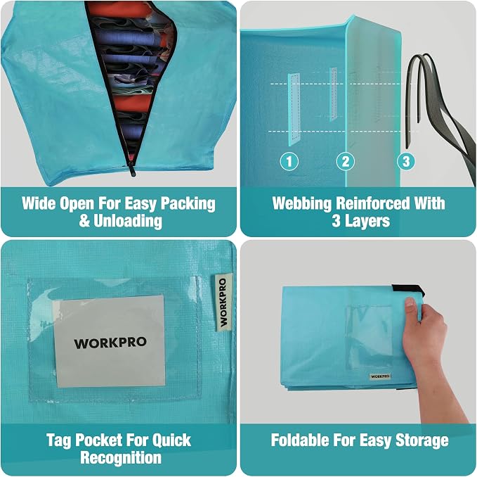 WORKPRO 6 Pack Extra Large Moving Bags with Backpack Straps & Handles | Heavy Duty Moving Storage Bags, Blue, Double Zippers for Moving, Dorm, Closet Storage, Travel & Space Saving