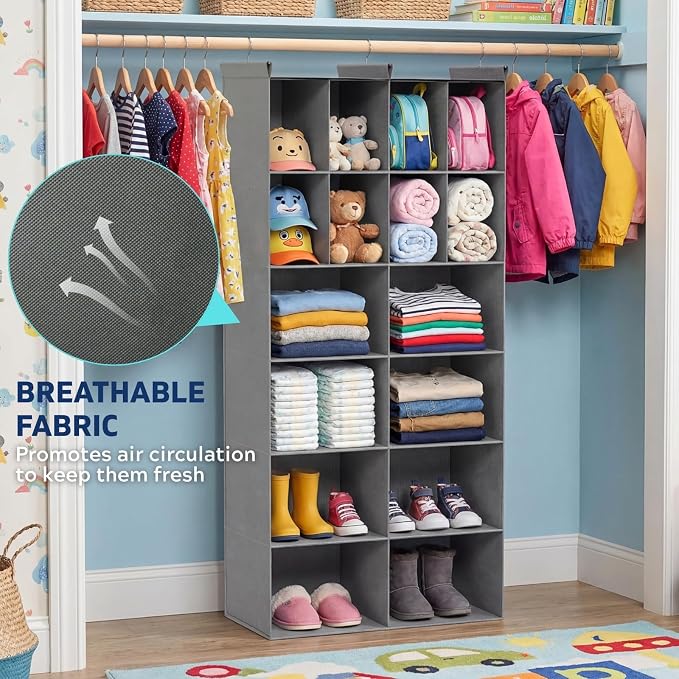 Ofiray-home 6 Tier Hanging Closet Organizer, 16 Compartments Sweater Organizer for Closet with 3 Sturdy Hooks, Closet Organizers and Storage, Wardrobe, Rv, Garment Rack, Grey