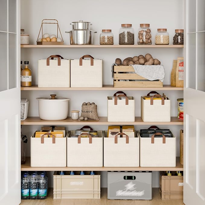 StorageWorks Storage Bins, Shelves Baskets for Organizing, 45L Extra Large Fabric Closet Organizers with Handles, Metal Frame, Beige-Texture, 2-Pack