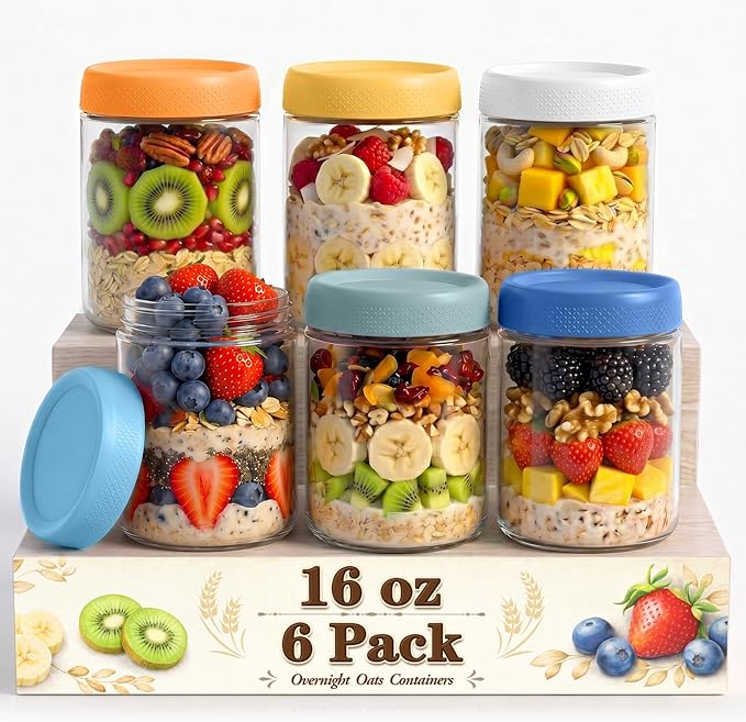 Overnight Oats Containers with Lids, Jars for Overnight Oats, Mason jar | Reusable Glass Jars, Parfait Cups with Lid for Yogurt, Chia, Pudding, Snack, Food, Spice, Breakfast, Salad, Sugar, Dressing