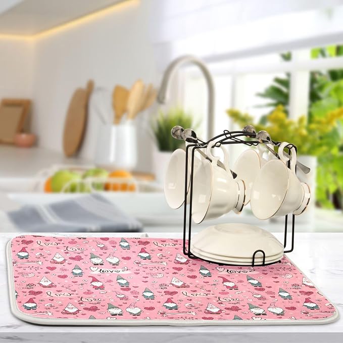 Happy Valentine’s Day Pink Dish Drying Mat for Kitchen Countertop 16x18 Love Gnomes Love Heart Gift Small Drying Mat Reusable Quick Dry Dish Sink Mats Easy Clean Decorative Essentials