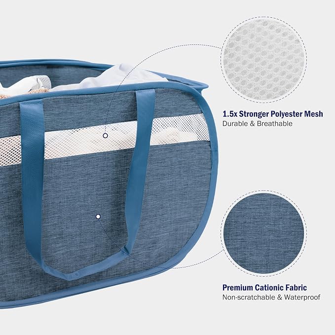 Collapsible Tear Proof Laundry Baskets with Dual Handles, Blue | 70L, Foldable, Pop up Hamper, Reinforced Durable Laundry Hamper for Home, Laundry, Bathroom, Dorm or Travel