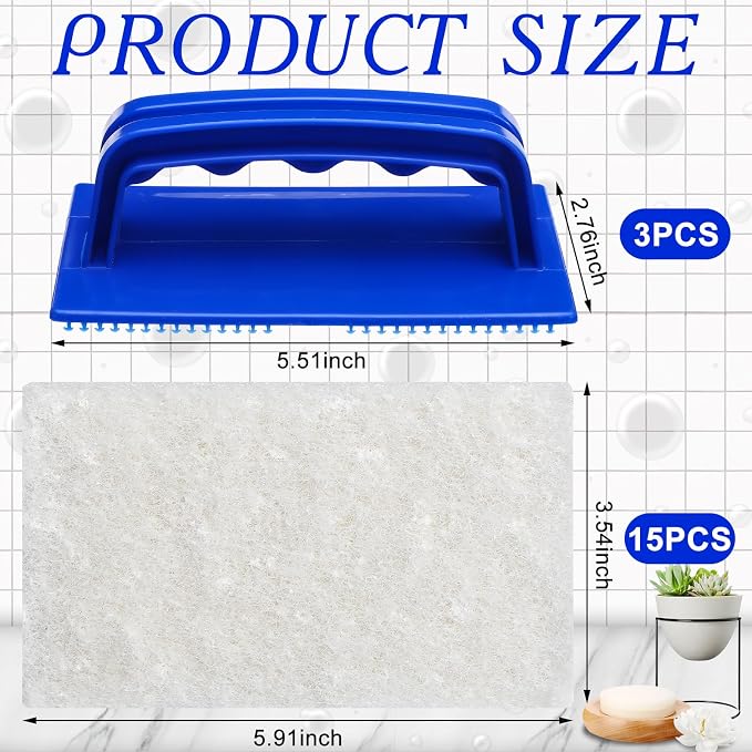 Maxdot 18 Pcs Handled Bath Scrubber Set, 15 Bathroom Scouring Pad 3 Bathtub Scrubber with Handle Non Scratch Soap Scum Remover for Cleaning Sink Shower Tile Swimming Pool Step Corner(Blue and White)