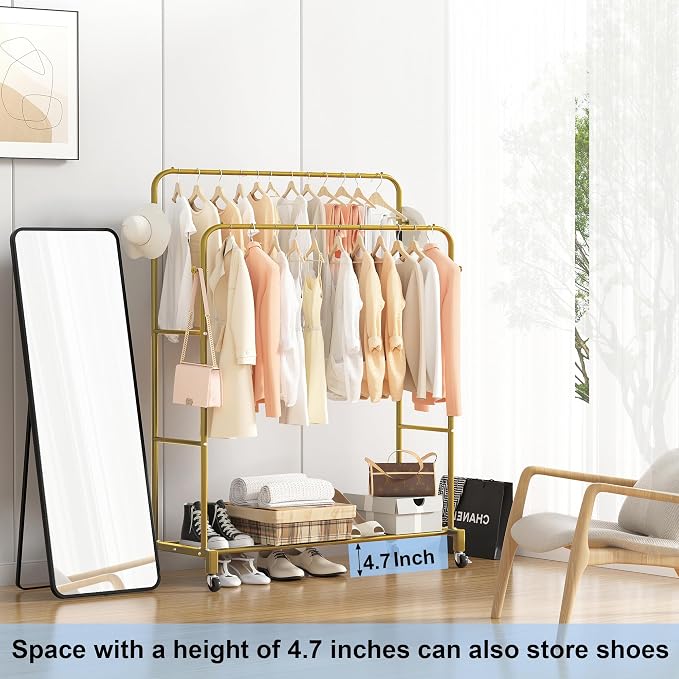 Sooyee Double Rod Clothing Rack with Wheels,3 Tier Garment Racks for Hanging Clothes,Portable Clothes Rack with 4 Hooks for Bedroom,Laundry Room,Gold