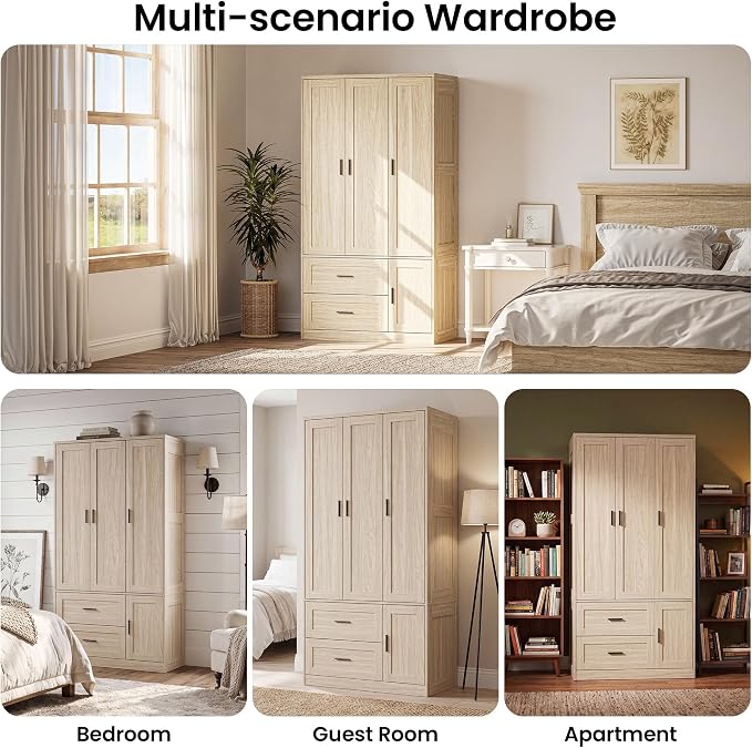 ANCTOR 70.6 Inch Armoire Wardrobe Closet with Drawers (Light Oak) | Hanging Rod, Drawers, Adjustable Cube Shelves, Closed Cabinet Organizer, Modern Bedroom Clothes Cabinet