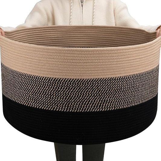OIAHOMY 90L Extra Large Blanket Basket - Decorative Cotton Rope Storage Basket for Bedroom, Living Room & Nursery - Woven Laundry Hamper for Organizing Blankets, Clothes & Toys - Yellow and Black