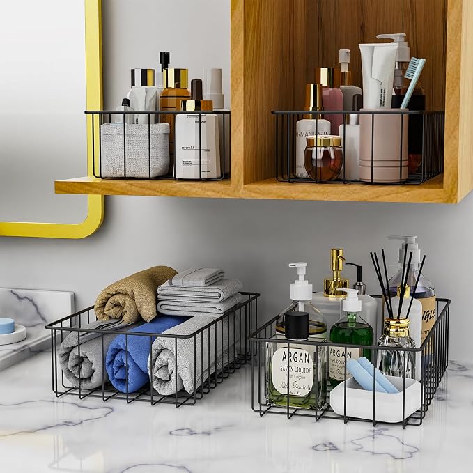 Joben Oligey 12 PACK (3 Szie) Small Wire Storage Baskets for Organizing,Pantry Organization Bins for Cabinets, Metal Basket for Kitchen, Bathroom Organizer (Black)