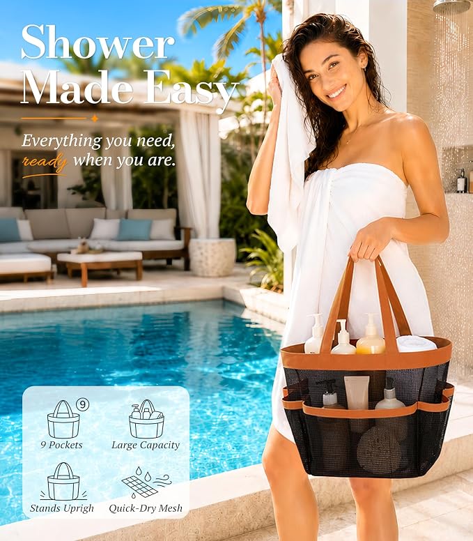 Mesh Shower Caddy Portable for College Dorm Room Essentials for girls, Large 9-Pocket Shower Basket, Quick-Draining Mesh Shower Tote Bag for Gym, Pool, Beach & Travel