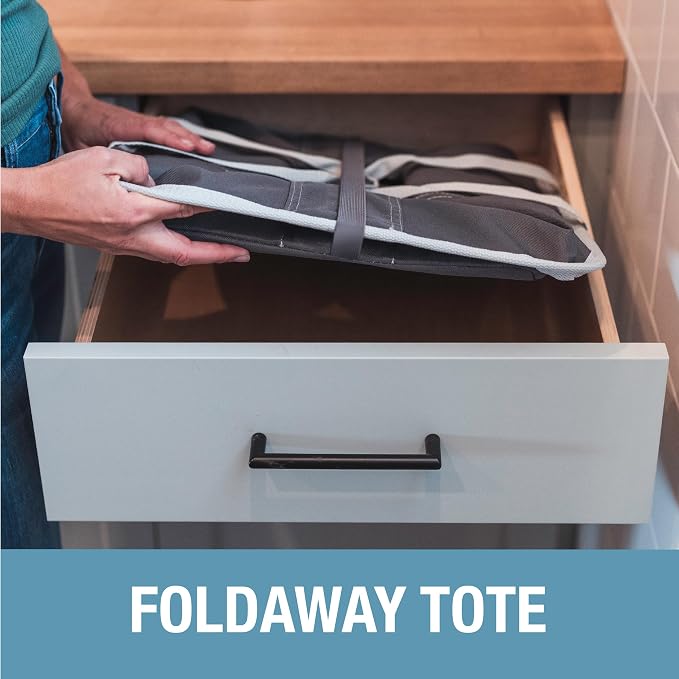 CleverMade Collapsible Laundry Tote, 50L, 2 Pack, Denim | Long center handles balance one-hand carrying. A steel rim supports 55 lb, then folds to 1.25 inches for compact storage.