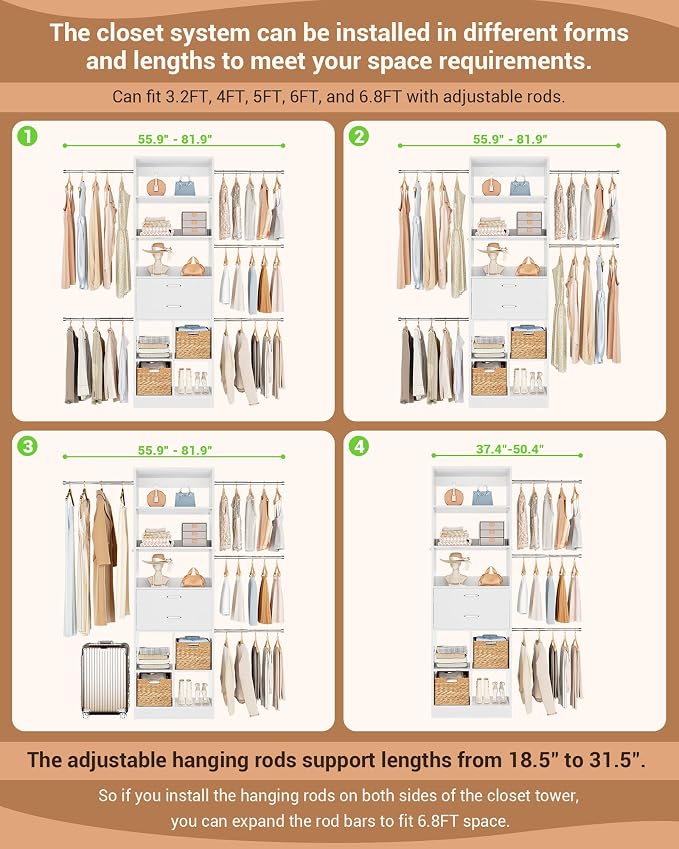 Besiost Small Closet System, 3.2-6.8FT Small Closet Organizer with 2 Wooden Drawers & 5 Hanging Rods, Can Fit 37.5 to 81.9 inch Walk-in Closet System, Built-in, White, Enclosed Storage Volume 2.32 ft³