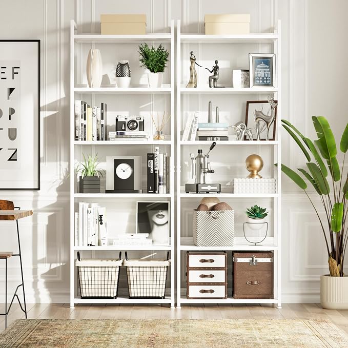 NUMENN Bookshelf, 6 Tier Freestanding Shelving Unit, White | Metal Frame & Wood Shelves, Falling Prevention Baffle, Open Storage Bookcase for Bedroom, Living Room & Home Office