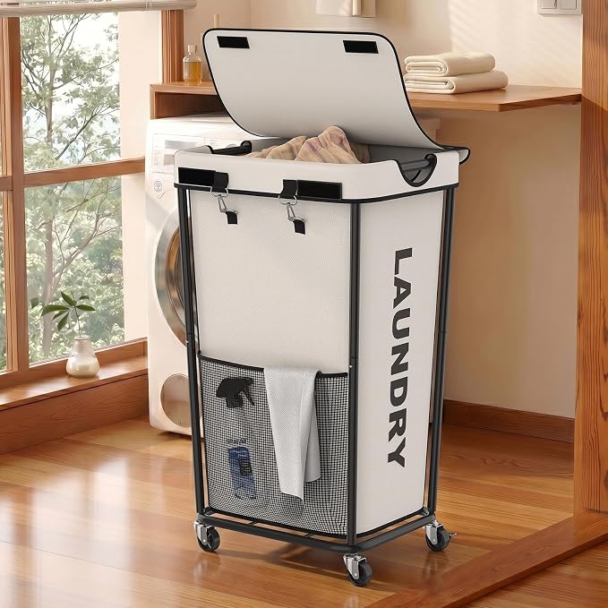 Laundry Hamper with Wheels and Lid, 110L Large Rolling Laundry Basket White | Heavy Duty Clothes Organizer, Sturdy Metal Frame, Lockable Swivel Casters, Removable Bag, For Bedroom, Bathroom, Laundry Room