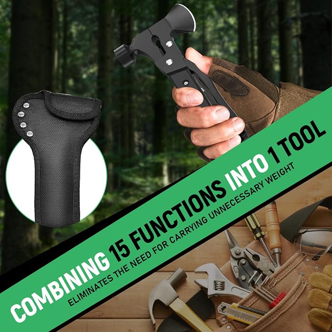 15-in-1 Multitool Axe Hatchet, Black | with Hammer, Knife, Saw, Essential for Camping, Hiking, Gifts for Men, Women, Dad, Husband, Birthday Gifts for Men