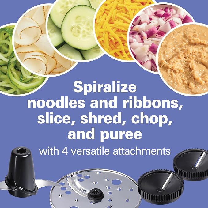 Hamilton Beach Food Processor & Vegetable Chopper for Slicing, Shredding, Mincing, and Puree, 10 Cups + Veggie Spiralizer makes Zoodles and Ribbons, Grey and Stainless Steel (70735) | For Slicing, Shredding, Mincing, and Puree | Veggie Spiralizer Attac...