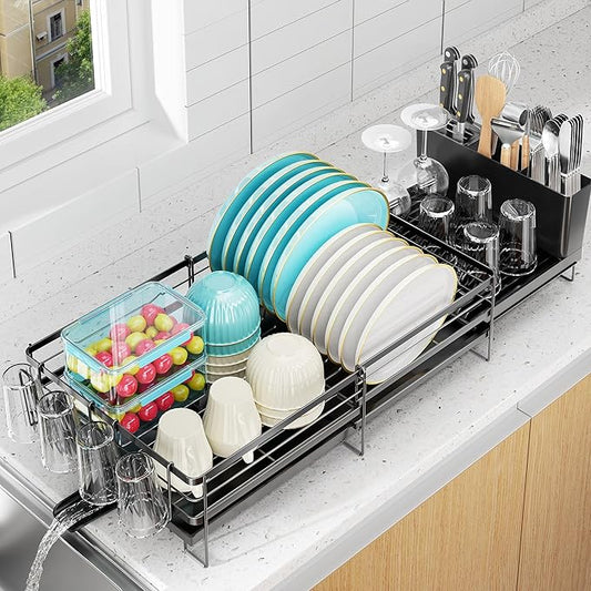 Large Dish Drying Rack, Expandable Dish Rack for Kitchen Counter, Dish Drainer with Drainboard Set, Multifunctional Dishrack with Utensil & Cup Holder, 13.4"-28.7" L x 11.8" W x 7.8" H, Black