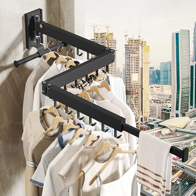 BOQORAD Drying Rack Clothing, Retractable Clothes Drying Rack,Wall Mounted Laundry Rack, Laundry Drying Rack Wall Mount,Collapsible Clothes Rack,can Fold Upward & Left & Right,Black Color
