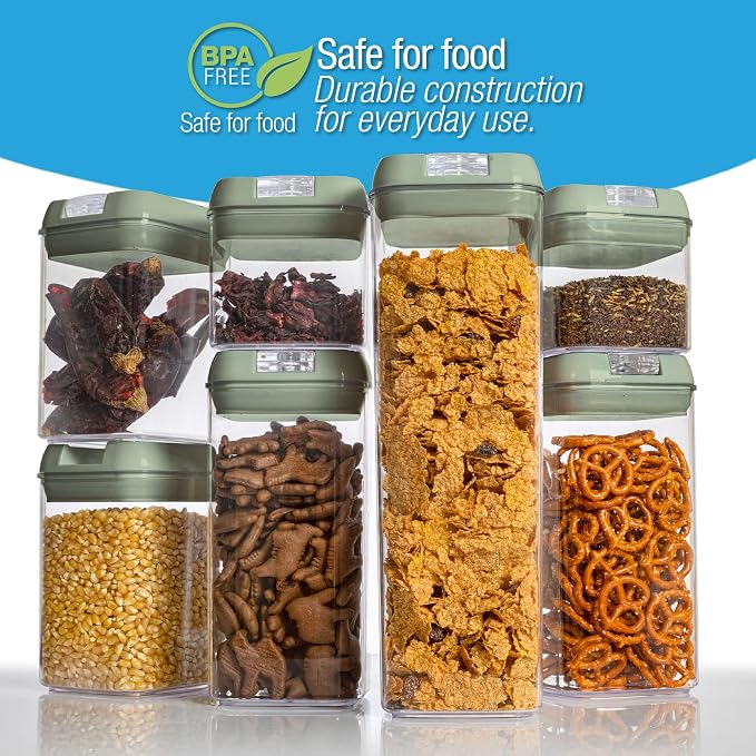 Set of 7 Airtight Food Storage Containers - Pantry Organizer Bins, BPA Free Plastic Containers plus Dry Erase Marker and Labels, Olive Green
