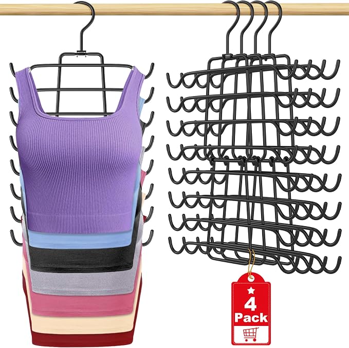 4Pcs Tank Top Hangers Space Saving Hanger Organizer Bra Hangers Black | 360° Rotating Metal Closet Organizers and Storage Lingerie Hangers for Tank Tops Cami Bras Belts Swimsuits Lingeries