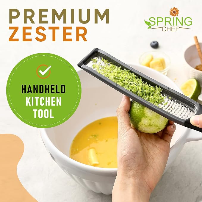 Spring Chef Premium Gray Lemon Zester Grater with Handle - Lime, Garlic, Ginger, Orange, Nutmeg, Fruit Grater - Heavy Duty Kitchen Tool - Stainless Steel Citrus Zester with Blade Cover - Fine Shred