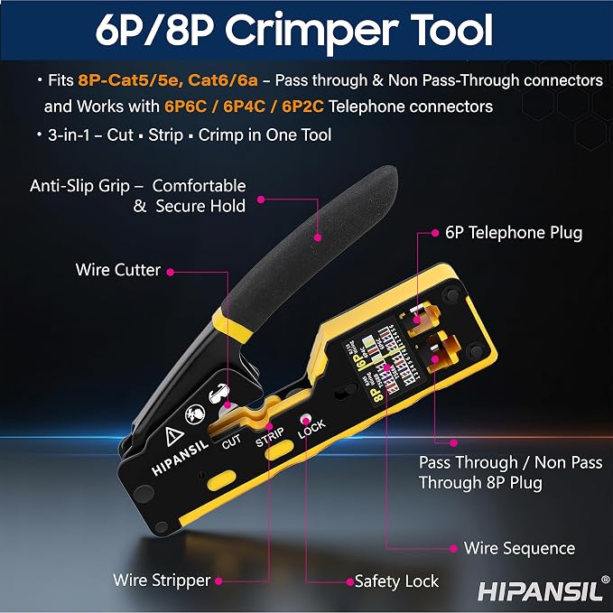 RJ45 Crimp Tool, Ethernet Crimper Tool Kit With CARRYING CASE, All-In-One Pass Through Network Cable Tool For Cutting, Stripping, Crimping Cat5 Cat6 RJ45 RJ11 RJ12 – Ideal For Home DIY, IT Technicians