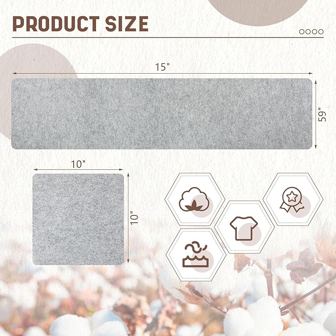 Nuanchu 2 Pack Large Wool Pressing Mat 15" x 59" and 10" x 10" Wool Ironing Mat Felted Wool Ironing Pad Sewing Machine Muffling Mat Iron Board for Quilters Quilting Supplies and Notions Accessories