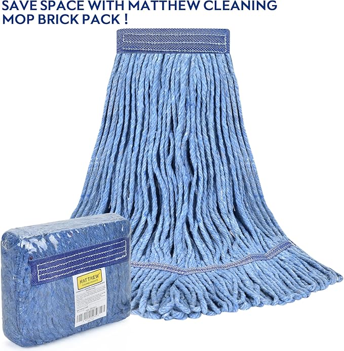 Matthew Cleaning Heavy Duty Mop Head Commercial Replacement for General and Floor Cleaning , Wet Industrial Blue Cotton Looped End String Head Refill (Pack of 6) Blue