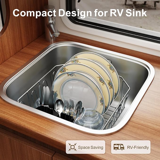 GSlife Small in Sink Dish Drying Rack - Stainless Steel Compact Dish Drainer for RV Kitchen Apartment Sink, Rust Resistant Inside Sink Rack, 1–2 Person Households, 13.1" W x 14.4" L, Gunmetal Grey