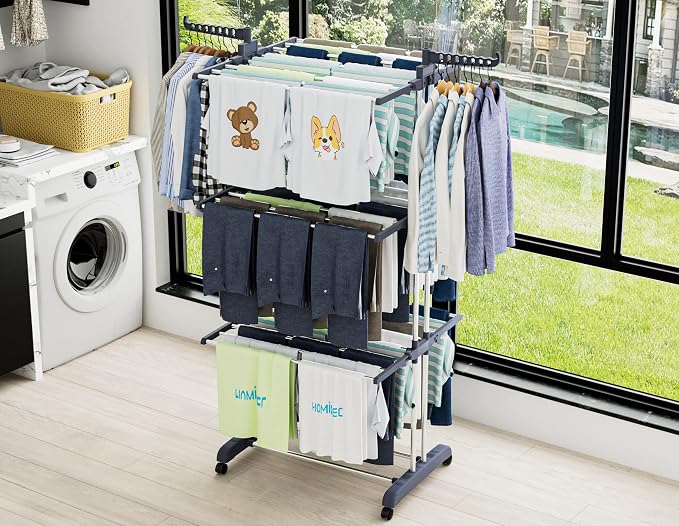 HOMIDEC Clothes Drying Rack, 4-Tier(67.7" H) Foldable Drying Rack Clothing | Foldable Stainless Steel Drying Rack, Movable Laundry Drying Rack with 4 Castors and 14 Hooks for Bed Linen, Clothing, Grey