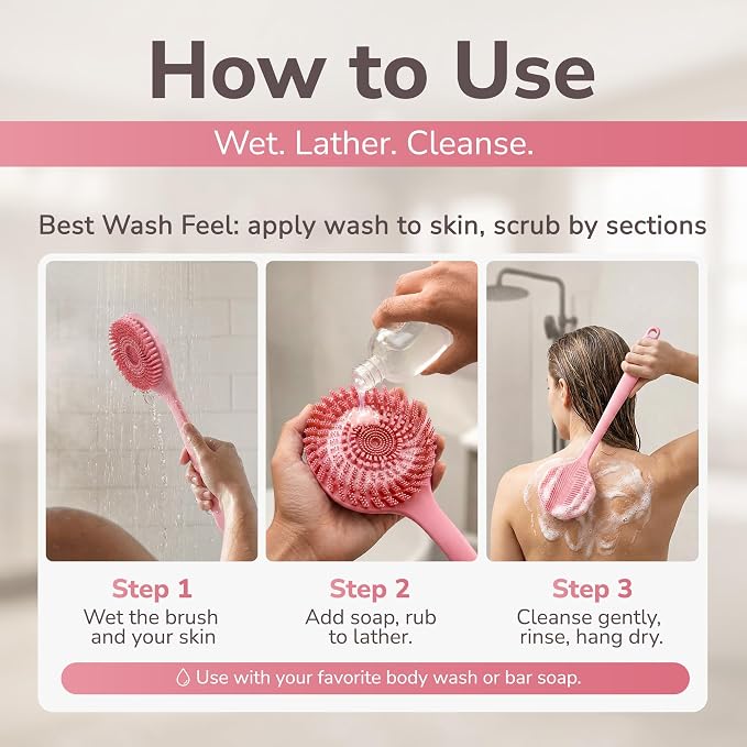SILKLE Silicone Back Scrubber with Long Handle - Body Brush for Shower, Bath, and Exfoliating - Skin Cleansing, Back Scrub, and Gentle Silicone Sponge - Wash Your Body with Easy Reach - Pink