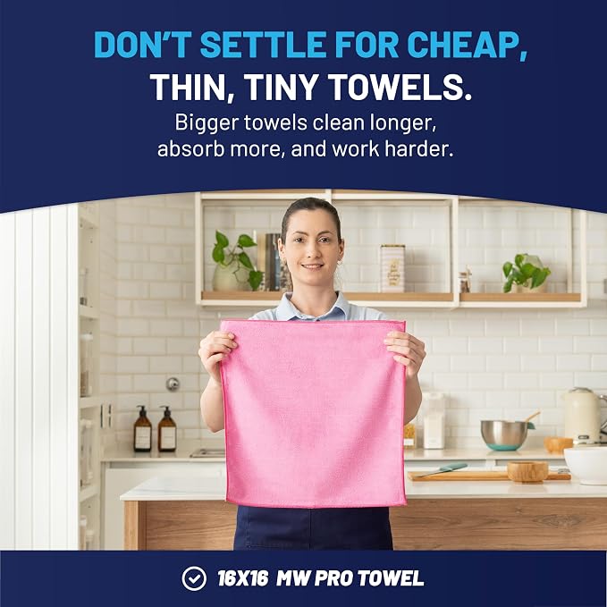 MW Pro Pink Microfiber Cleaning Cloths – 12 Pack, 16" x 16" – Premium Professional-Grade Pink Towels Built for Cleaning Pros, Hotels, Interiors & Home – Stays Pink, All-Purpose, Streak-Free