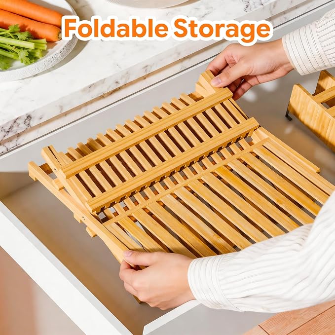 Simple Trending Bamboo Dish Drying Rack, 3 Tier with Utensil Holder | Collapsible Dish Rack, Large Foldable Dish Drainer for Plates, Cups, Bottles, Utensils, Kitchen Counter, Space Saving