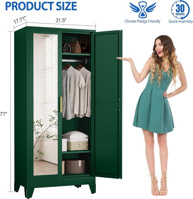 GAIOUS Metal Wardrobe Cabinet with Mirror and Hanging Rod, 71" Green | Clothing Storage Cabinets with 2 Doors and Adjustable Shelves, Armoire Wardrobe Closet for Bedroom, Laundry Room, Cloak Room