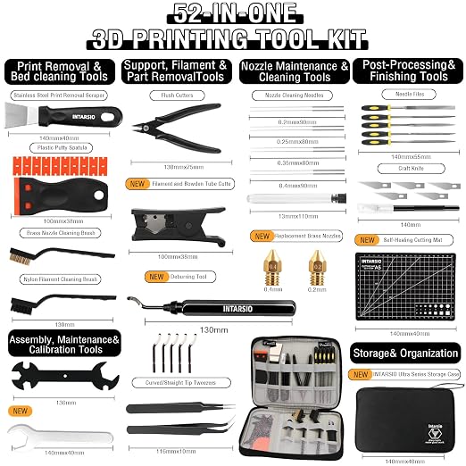 52-in-One 3D Printer Tools Kit, Professional 3D Printer Accessories & Maintenance Set for All FDM/SLA Printers, Deburring Tool, 3D Printer Nozzles, Scrapers, Files Set, PTFE Tube Cutter, Storage Bag