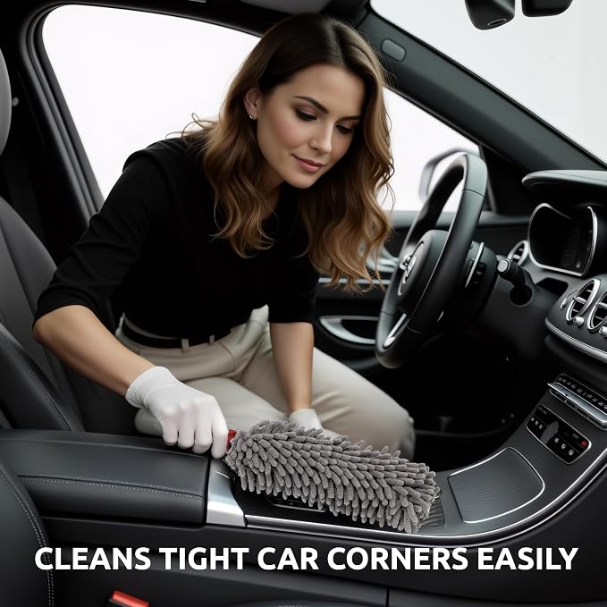 TAKAVU Car Duster Interior, 360° Microfiber Fingers, Lint & Scratch Free | Unbreakable Comfort Handle Duster, Includes Microfiber Towel, Lint-Free & Safe for Car & Home Interior, Gray