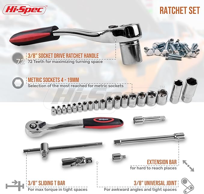 Hi-Spec Metric Auto Mechanic Tool Set Motorcycle & Car Tool Kit Trucks | 67pc, 4-21mm, socket and wrench coverage, roadside fixes, organized box, garage maintenance help, bike and vehicle tasks