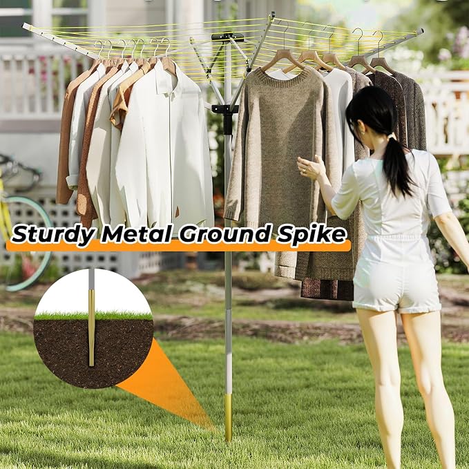 tonchean 165 Feet Clothesline Outdoor Umbrella Drying Rack, 4-arm Rotary Umbrella Clothesline for Laundry Adjustable Height Rotary Dryer Collapsible Clothes Drying Rack with 12-Lines