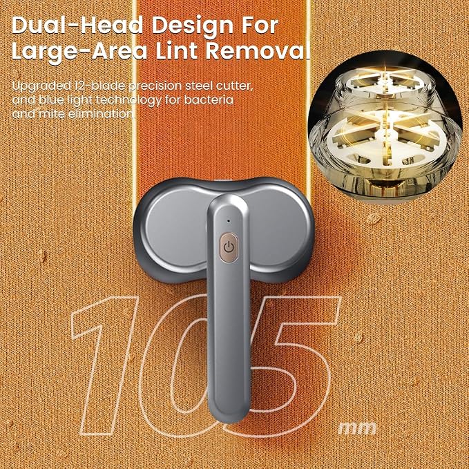 Fabric Shaver and Lint Remover, Sweater Defuzzer with 2 Double Shaving Head, 2 Replaceable Blades, Headle Rotation 90°，Battery Operated, Remove Clothes Fuzz, Lint Balls, Pills, Bobbles Gray