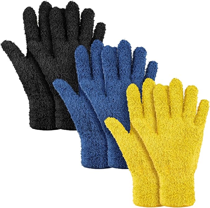 Patelai 3 Pairs Microfiber Plant Dusting Gloves Leaf Cleaning Gloves for Indoor Plants, Blinds, Furniture, House (Black,Navy,Yellow,Medium)