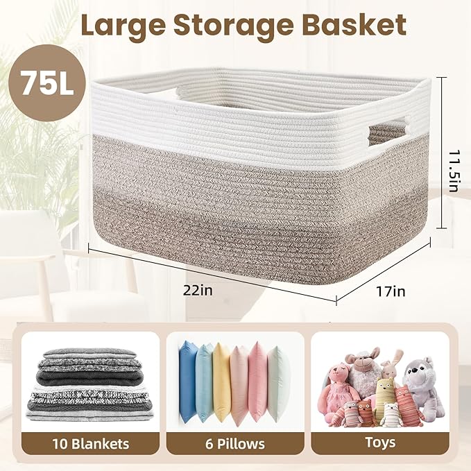 Optish 75L Large Blanket Basket, Woven Storage Baskets with Reinforced Handles, Rope Laundry Basket for Living Room, Bedroom, Nursery, Toys, Clothes, Pillows, 22” x 17” x 11.5”, White & Brown