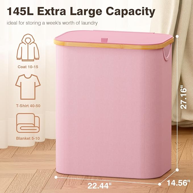 Hampers for Laundry Basket with Lid, 145L Large Laundry Hamper 3 Section | Dirty Clothes Hamper Separator with 3 Removable Bags & 5 Labels, Divided Laundry Organizer for Bedroom, Laundry Room, Pink