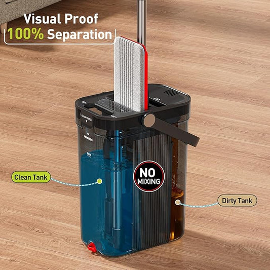 HoMettler Transparent Mop and Bucket Set with Separate Dirty & Clean Water, 65" Flat Mop for Floor Cleaning, 4 Machine Washable Microfiber Pads for Wood Tile-Black